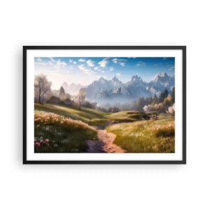 Poster in einem schwarzem Rahmen - Ein Bergtal mit Wiesen, Hütten und Blick auf die Gipfel - 70x50cm - Idyllisches Tal - Moderne Wanddekoration für Wohnzimmer und Schlafzimmer ARTTOR