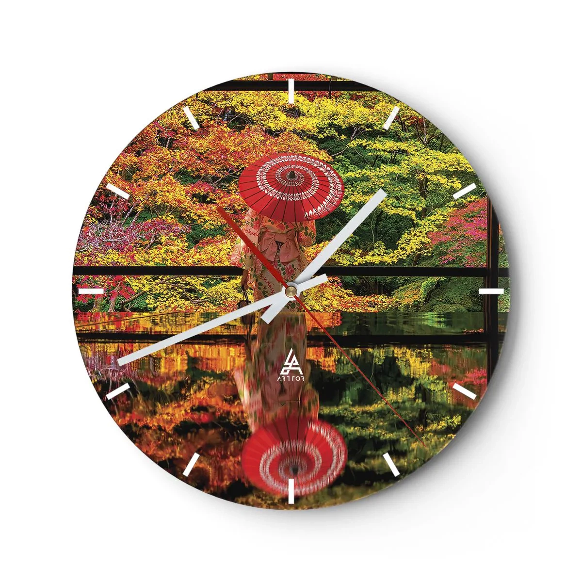 Wanduhr - Glasuhr - Japanischer Regenschirm zwischen Herbstblättern - 30x30cm - Im Tempel der Natur - Moderne Wanddekoration für Wohnzimmer, Küche und Schlafzimmer ARTTOR