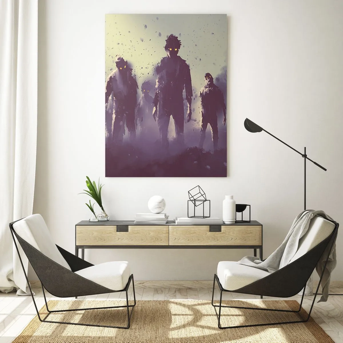 Glasbild - Bild auf glas - Dunkle Szene mit Silhouetten mit gelben Augen - 80x120cm - Vorsichtig sein! Sie kommen - Moderne Wanddekoration für Wohnzimmer und Schlafzimmer ARTTOR