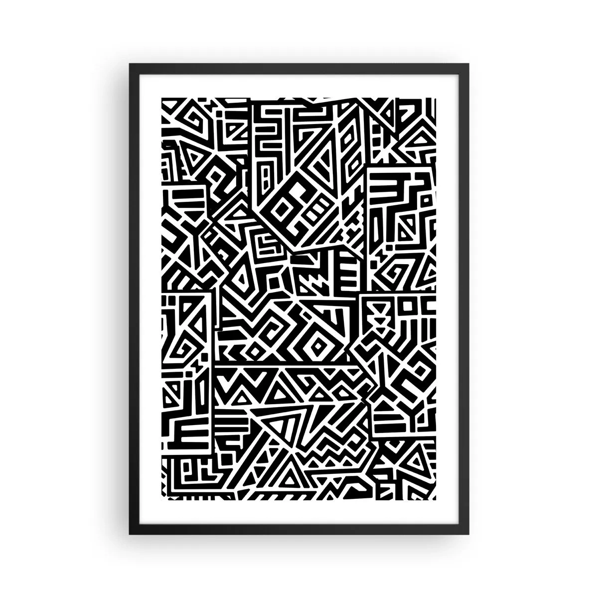 Poster in einem schwarzem Rahmen - Schwarz-weißes geometrisches Muster im künstlerischen Stil - 50x70cm - Präkolumbianische Komposition - Moderne Wanddekoration für Wohnzimmer und Schlafzimmer ARTTOR