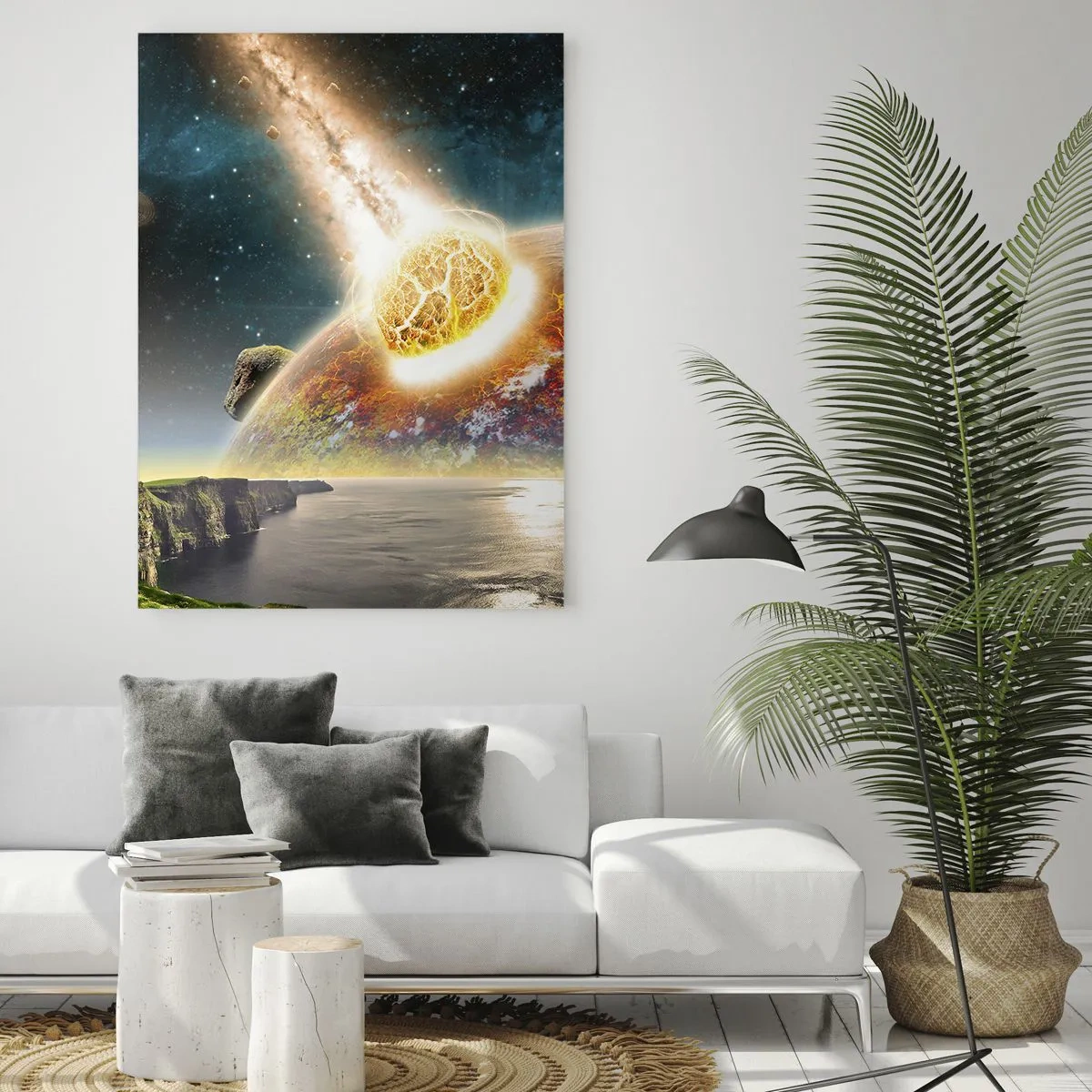 Glasbild - Bild auf glas - Ein Meteorit kollidiert mit einem Planeten in einer kosmischen Landschaft. - 70x100cm - Kosmisches Drama - Moderne Wanddekoration für Wohnzimmer und Schlafzimmer ARTTOR