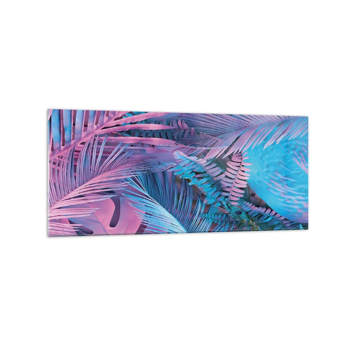 Glasbild - Bild auf glas - Tropische Blätter in Rosa- und Blautönen - 120x50cm - Tropen in Rosa und Blau - Moderne Wanddekoration für Wohnzimmer und Schlafzimmer ARTTOR