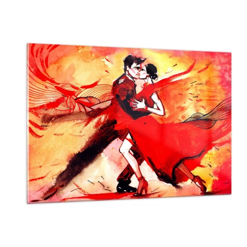 Glasbild - Bild auf glas - Ein tanzendes Paar in einer dynamischen roten Komposition - 120x80cm - Der violette Rhythmus der Leidenschaft - Moderne Wanddekoration für Wohnzimmer und Schlafzimmer ARTTOR