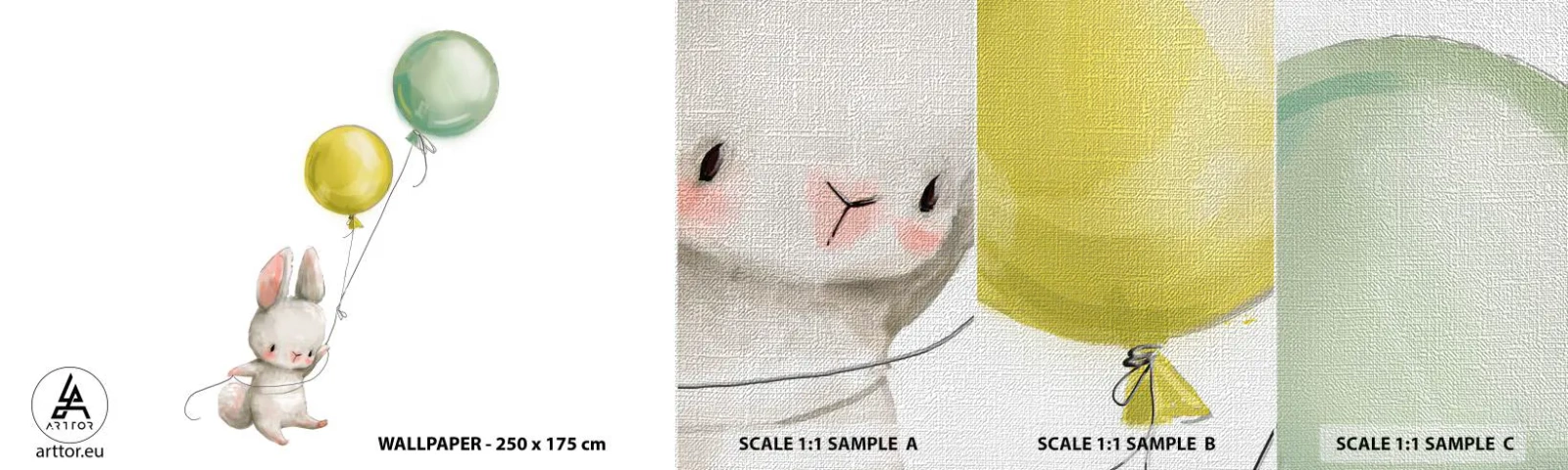Fototapeten Muster Premium Canvas - Ich werde auch fliegen! - Für Kinder, Kaninchen, Bunte Luftballons - 100x30 cm