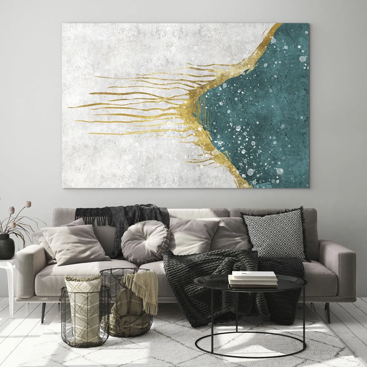 Glasbild - Bild auf glas - Abstraktes Goldmuster auf türkis-weißem Hintergrund - 70x50cm - Goldene Flut - Moderne Wanddekoration für Wohnzimmer und Schlafzimmer ARTTOR