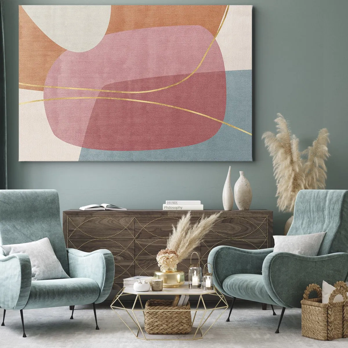 Bild auf Leinwand - Leinwandbild - Abstrakte Formen in Pastellfarben mit zarten Linien - 120x80cm - Pastellkomposition mit Goldfaden - Moderne Wanddekoration für Wohnzimmer und Schlafzimmer ARTTOR