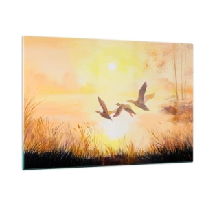 Glasbild - Bild auf glas - Drei Enten fliegen bei Sonnenaufgang über einen See - 120x80cm - Der Beginn einer langen Reise - Moderne Wanddekoration für Wohnzimmer und Schlafzimmer ARTTOR