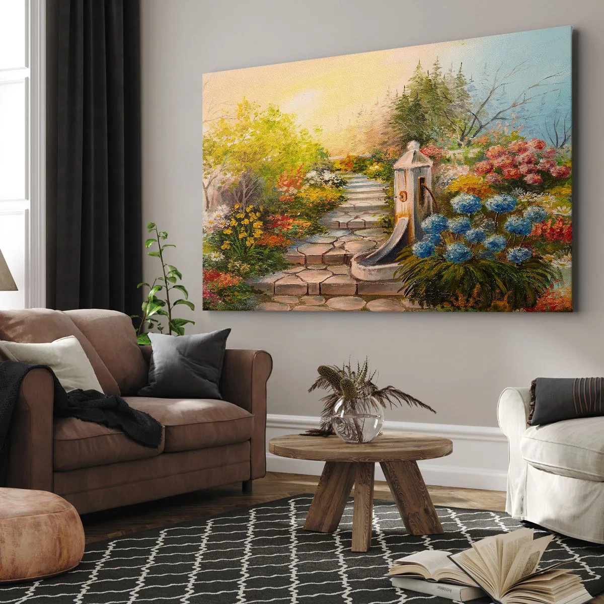 Bild auf Leinwand - Leinwandbild - Ein malerischer Garten mit einem Brunnen und bunten Blumen - 120x80cm - In voller Blüte - Moderne Wanddekoration für Wohnzimmer und Schlafzimmer ARTTOR
