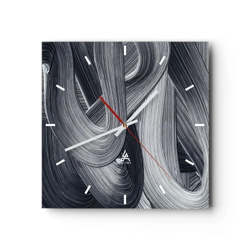 Wanduhr - Glasuhr - Schwarz-Weiß-Abstraktion mit dynamischen Pinselstrichen. - 30x30cm - Die Fließfähigkeit der Realität - Moderne Wanddekoration für Wohnzimmer und Schlafzimmer ARTTOR