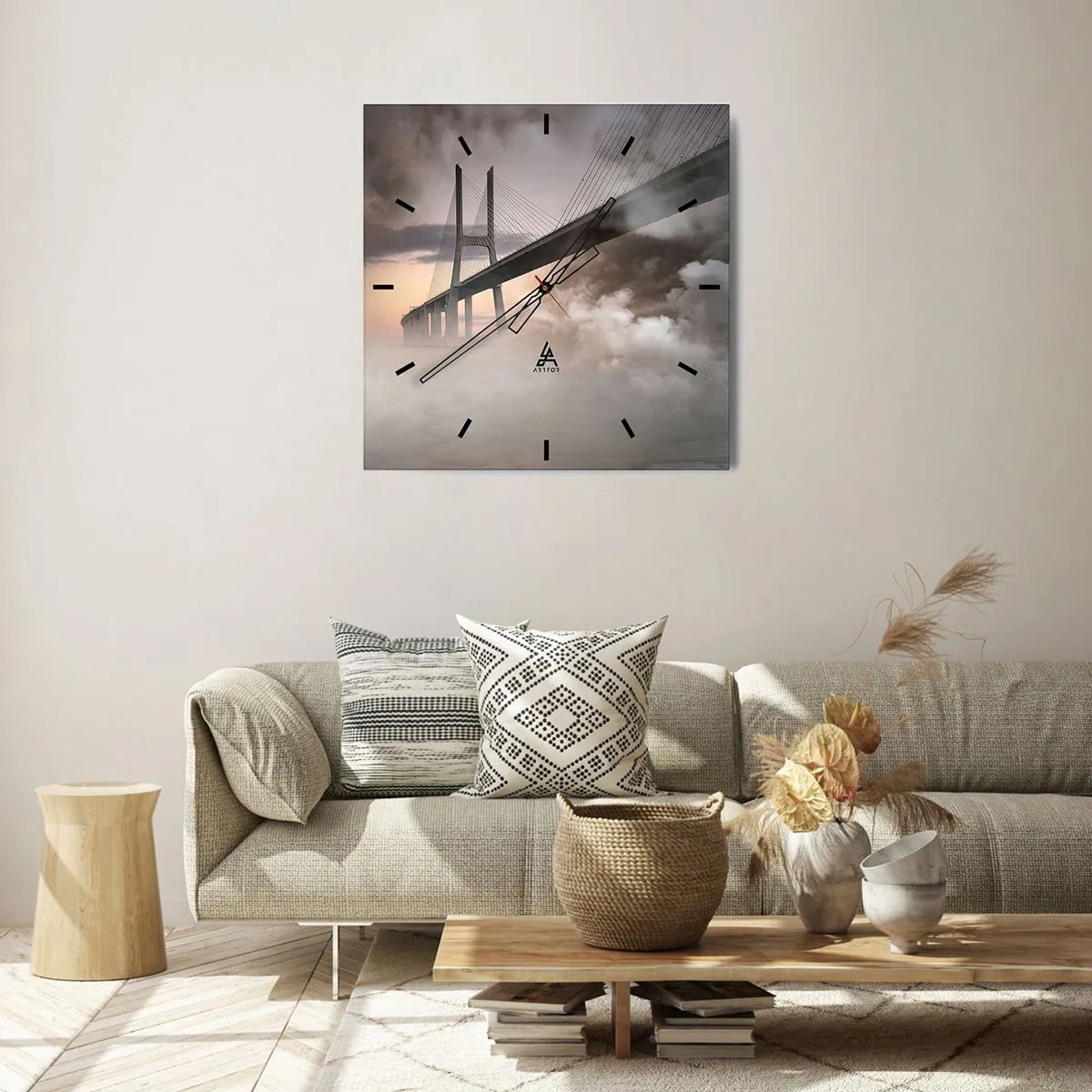 Wanduhr - Glasuhr - Eine Brücke über einen Fluss, umgeben von Nebel am Morgen - 30x30cm - Auf dem Fluss, den es nicht gibt - Moderne Wanddekoration für Wohnzimmer und Schlafzimmer ARTTOR