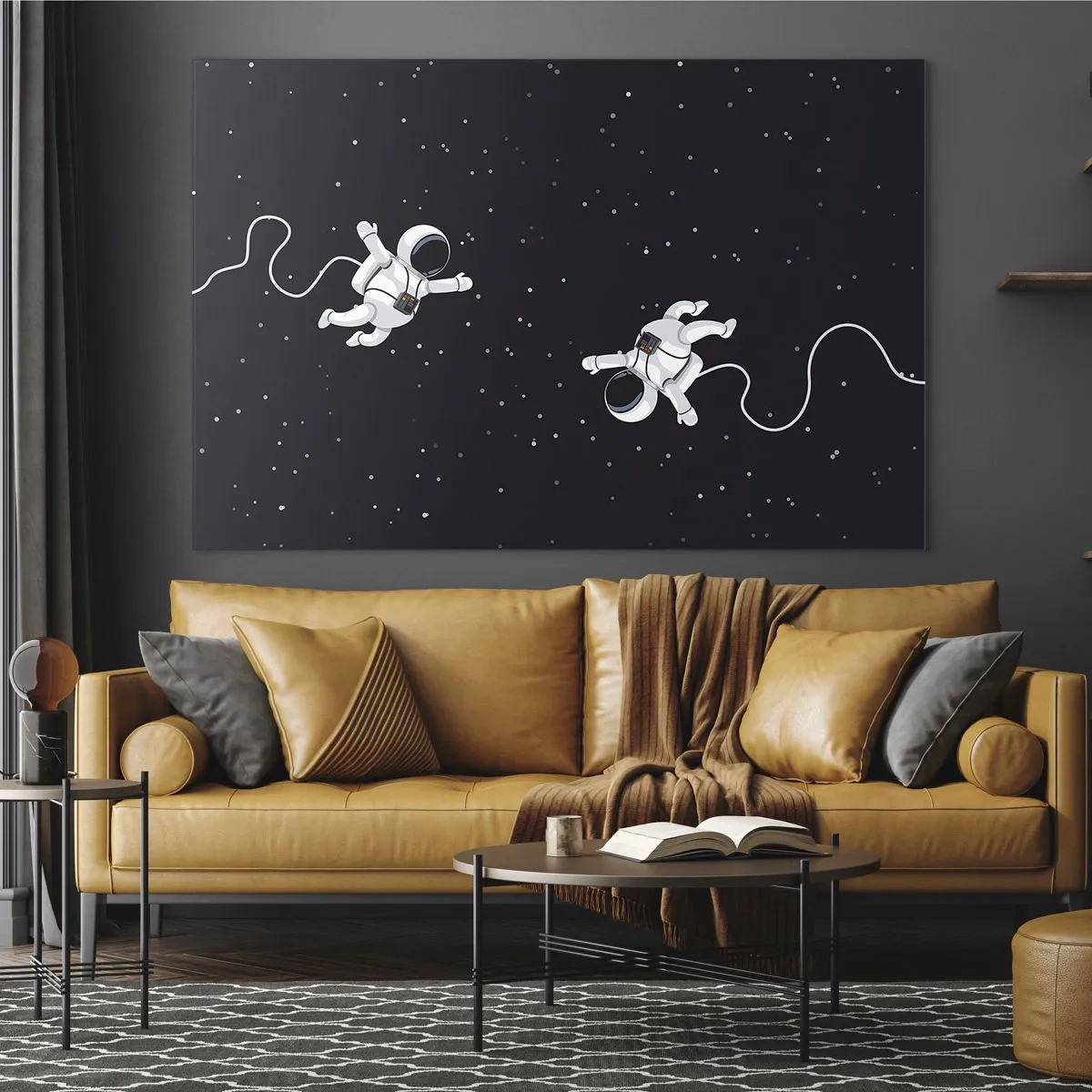 Glasbild - Bild auf glas - Zwei Astronauten schweben im Weltraum - 100x70cm - Kosmischer Tanz - Moderne Wanddekoration für Wohnzimmer und Schlafzimmer ARTTOR