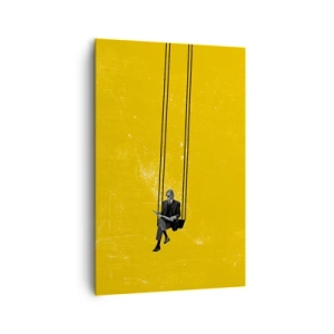 Bild auf Leinwand - Leinwandbild - Eine Person auf einer Schaukel vor einem intensiv gelben Hintergrund - 80x120cm - Tag wie jeder andere - Moderne Wanddekoration für Wohnzimmer und Schlafzimmer ARTTOR