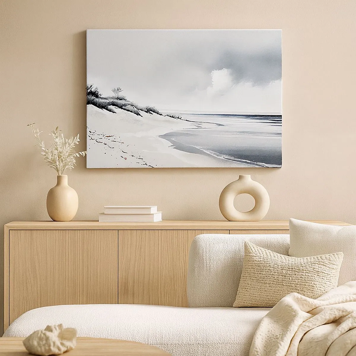 Bild auf Leinwand - Leinwandbild - Ein Strand in gedämpften Grau- und Blautönen - 70x50cm - Für immer zusammen - Moderne Wanddekoration für Wohnzimmer und Schlafzimmer ARTTOR
