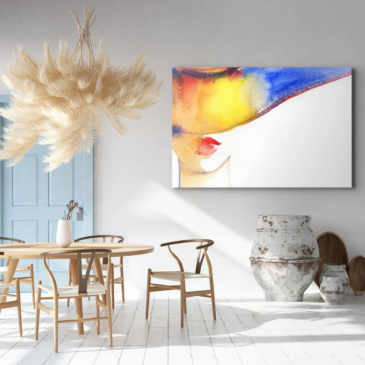 Bild auf Leinwand - Leinwandbild - Ein minimalistisches Aquarellgemälde des Profils einer Frau mit einem bunten Hut. - 100x70cm - Bildnis einer Dame - Moderne Wanddekoration für Wohnzimmer und Schlafzimmer ARTTOR