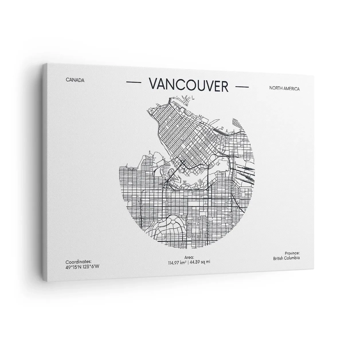 Bild auf Leinwand - Leinwandbild - Eine Karte von Vancouver im minimalistischen Schwarz-Weiß-Stil - 70x50cm - Anatomie von Vacouver - Moderne Wanddekoration für Wohnzimmer und Schlafzimmer ARTTOR