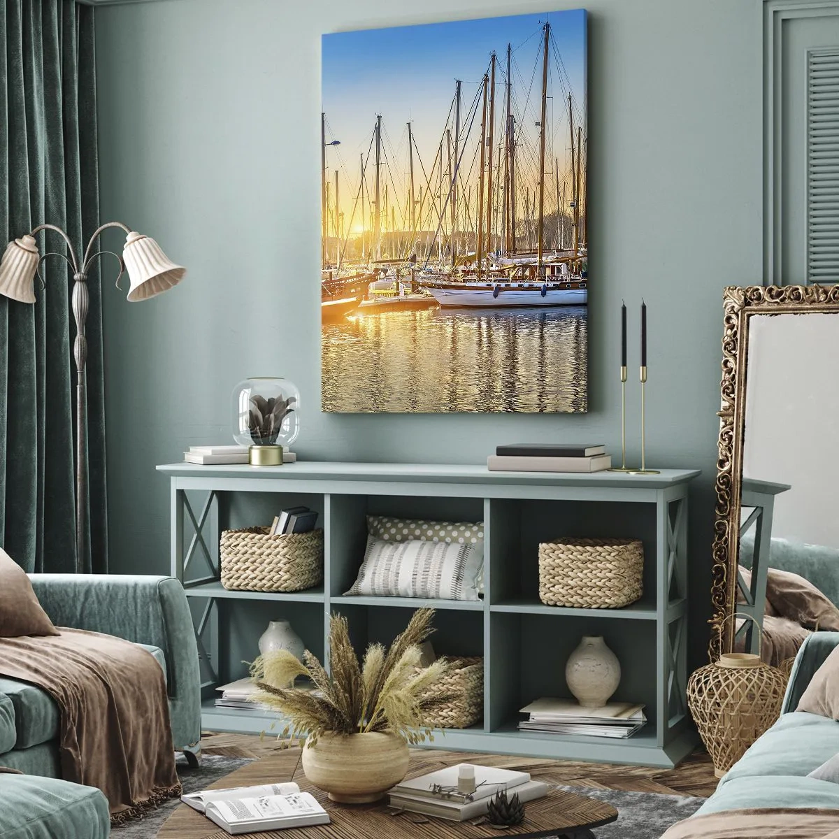 Bild auf Leinwand - Leinwandbild - Sonnenuntergang über einem Yachthafen voller Segelboote - 70x100cm - Der Wind muss auch schlafen - Moderne Wanddekoration für Wohnzimmer und Schlafzimmer ARTTOR