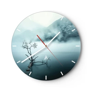 Wanduhr - Glasuhr - Ein Baum auf einer überfluteten Fußgängerbrücke inmitten von Nebel und Bergen - 30x30cm - Aus Wasser und Nebel - Moderne Wanddekoration für Wohnzimmer, Küche und Schlafzimmer ARTTOR