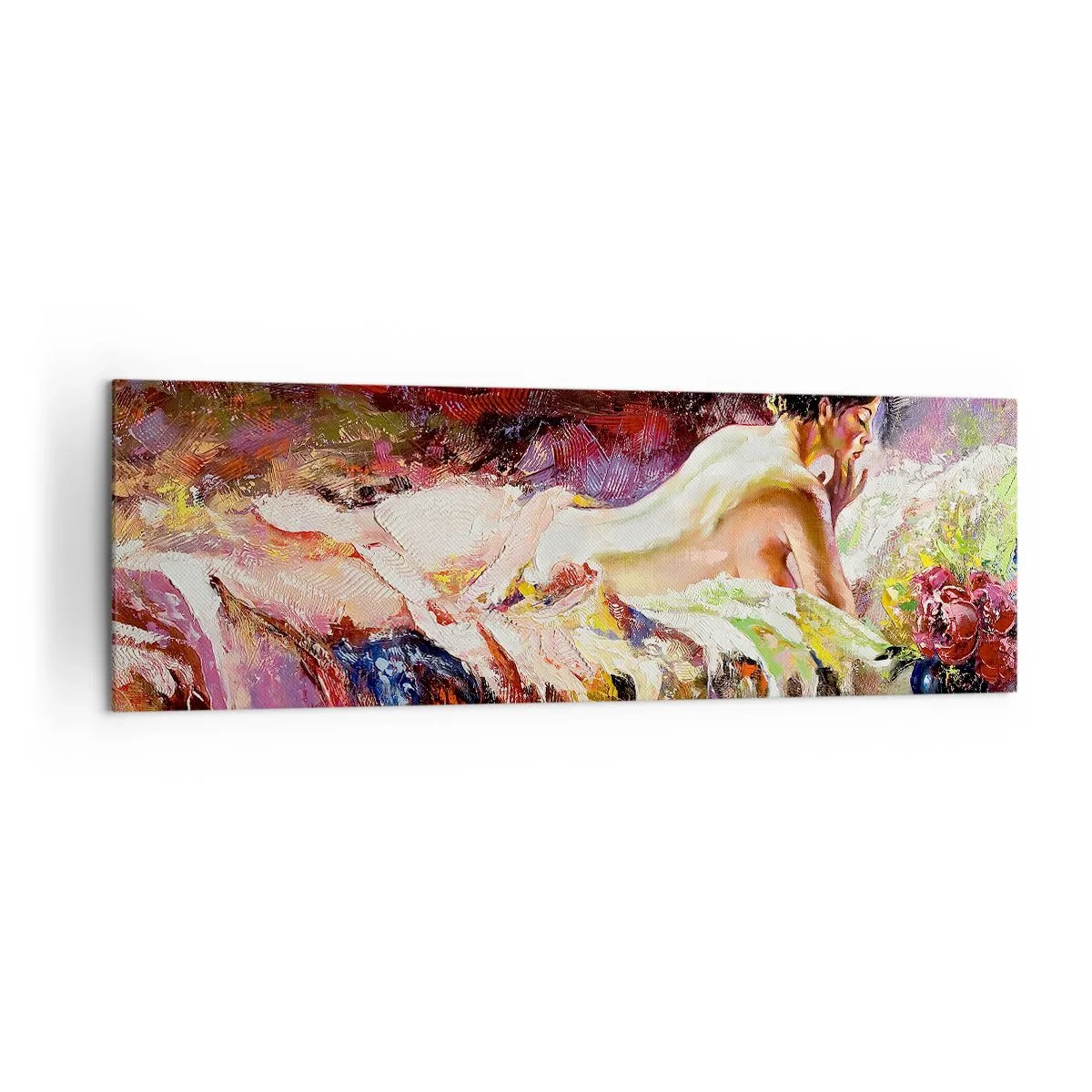 Bild auf Leinwand - Leinwandbild - Eine Frau liegt auf einem Bett vor einem Hintergrund aus abstrakten Farben. - 160x50cm - Venus in Gedanken - Moderne Wanddekoration für Wohnzimmer und Schlafzimmer ARTTOR