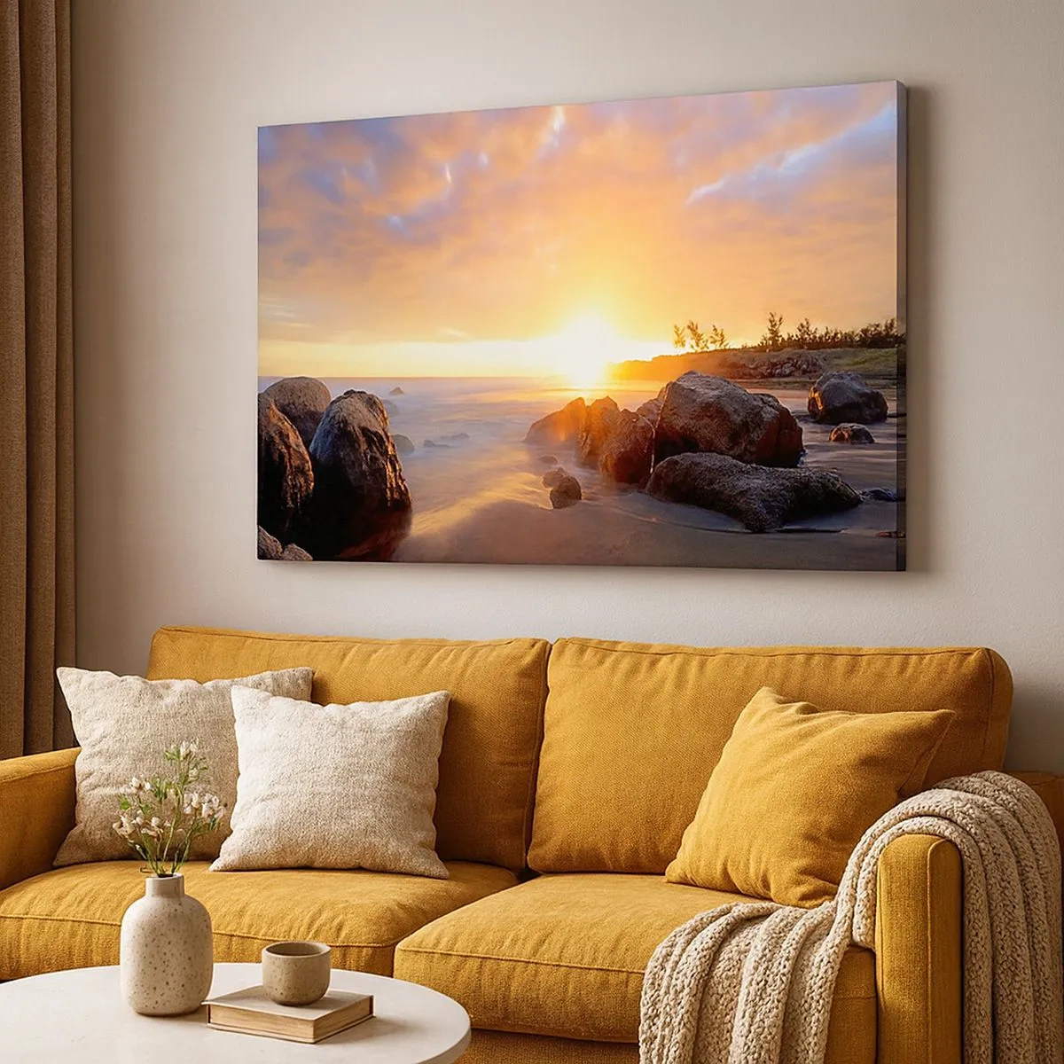 Bild auf Leinwand - Leinwandbild - Sonnenuntergang über der felsigen Küste - 70x50cm - Leuchtende Brise des Abends - Moderne Wanddekoration für Wohnzimmer und Schlafzimmer ARTTOR
