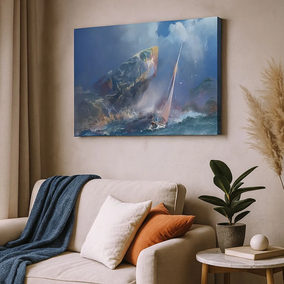 Bild auf Leinwand - Leinwandbild - Ein Segelboot im Sturm am Fuße eines massiven Felsens - 70x50cm - Wer den Mut hat, gewinnt - Moderne Wanddekoration für Wohnzimmer und Schlafzimmer ARTTOR