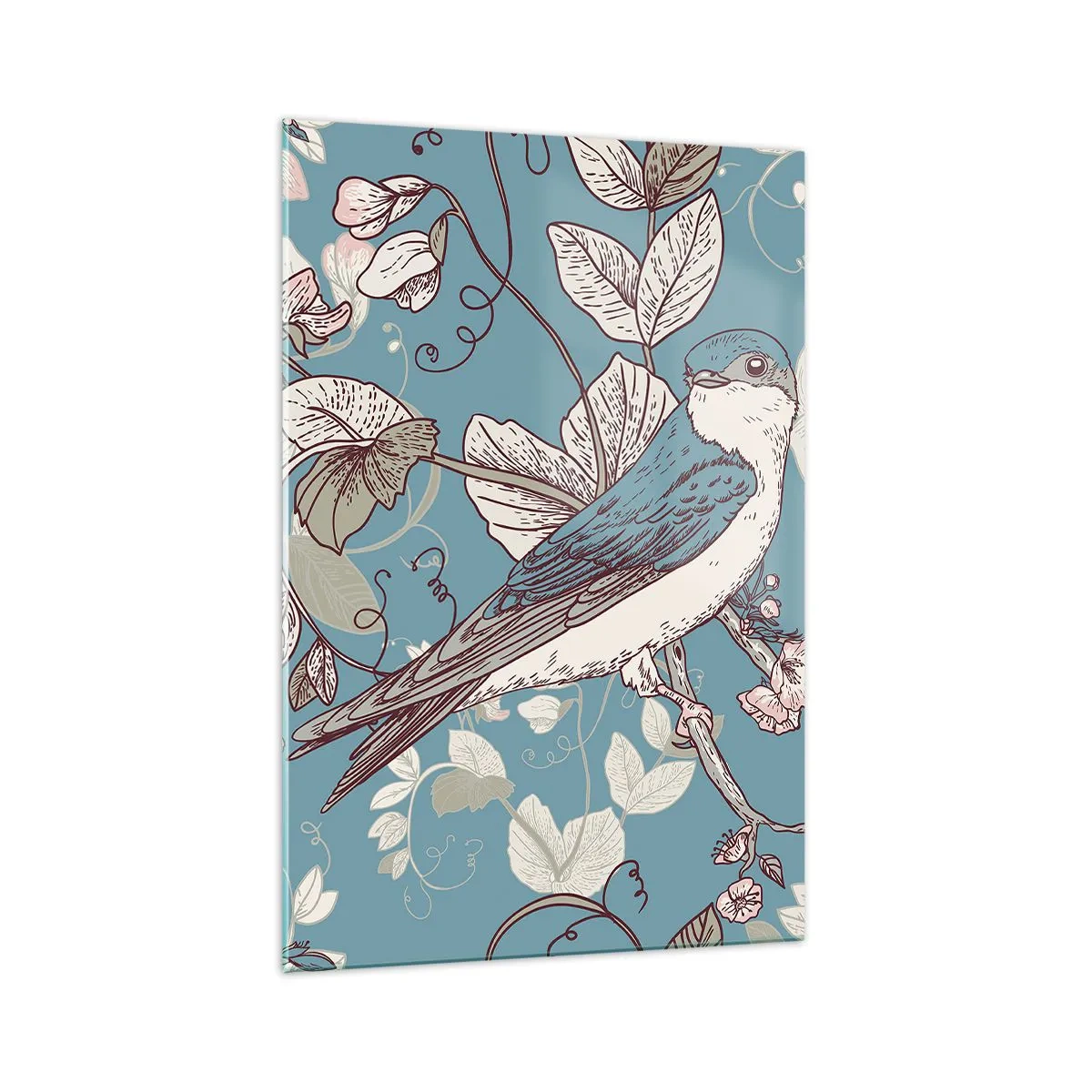 Glasbild - Bild auf glas - Ein Vogel auf einem Ast in einem zarten Blumenstil - 70x100cm - Im Weißholz von Rot und Silber - Moderne Wanddekoration für Wohnzimmer und Schlafzimmer ARTTOR