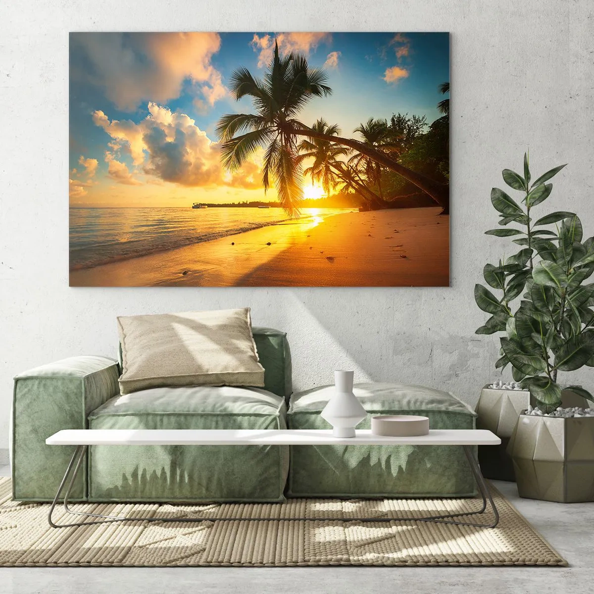 Glasbild - Bild auf glas - Tropischer Strand mit Palmen bei Sonnenuntergang - 120x80cm - Karibischer Traum - Moderne Wanddekoration für Wohnzimmer und Schlafzimmer ARTTOR