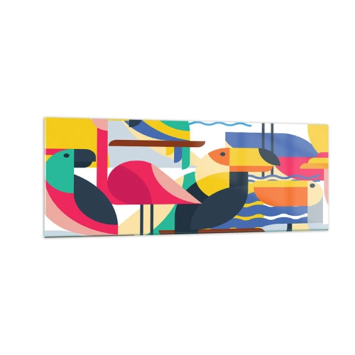 Glasbild - Bild auf glas - Bunte Vögel in einer abstrakten, geometrischen Komposition - 140x50cm - Vogelparty - Moderne Wanddekoration für Wohnzimmer und Schlafzimmer ARTTOR