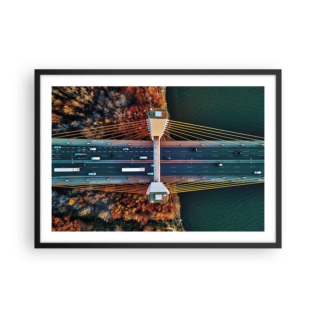Poster in einem schwarzem Rahmen - Luftaufnahme der Brücke über den Fluss und der Herbstlandschaft - 70x50cm - Jenseits der Gewässer, jenseits der Wälder - Moderne Wanddekoration für Wohnzimmer und Schlafzimmer ARTTOR