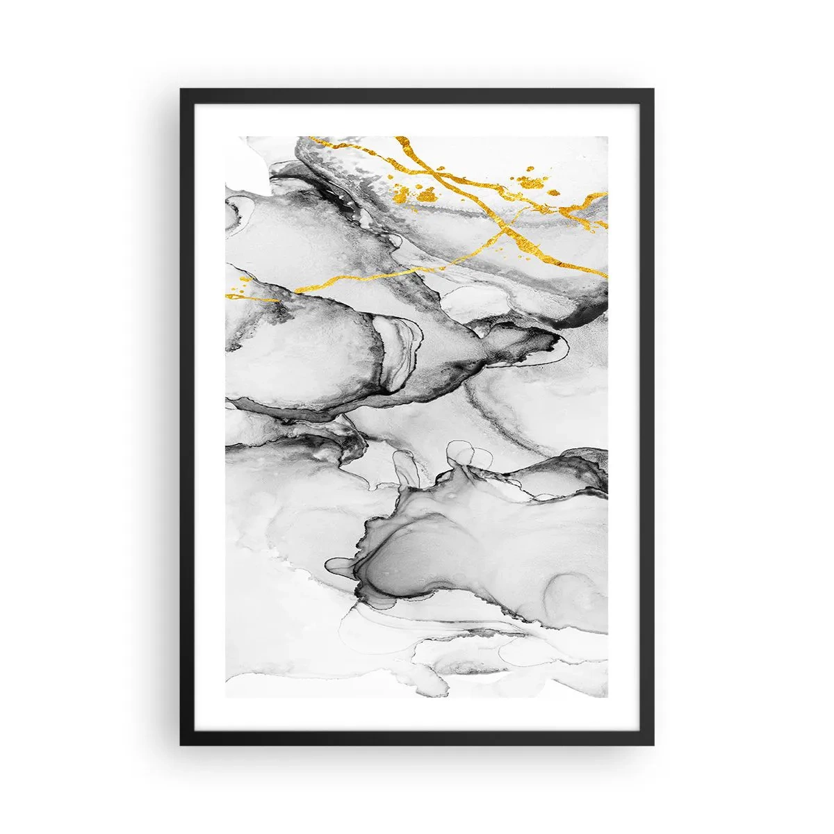 Poster in einem schwarzem Rahmen - Eine abstrakte Komposition in Grautönen mit goldenen Akzenten. - 50x70cm - Komposition mit Goldmotiv - Moderne Wanddekoration für Wohnzimmer und Schlafzimmer ARTTOR