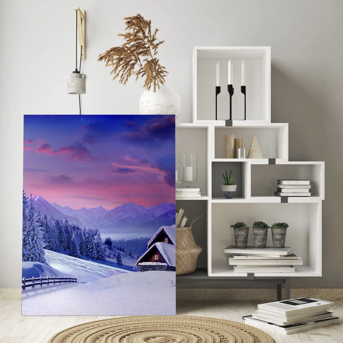 Glasbild - Bild auf glas - Winterlandschaft mit Berghütten bei Sonnenuntergang - 70x100cm - Stille Nacht - Moderne Wanddekoration für Wohnzimmer und Schlafzimmer ARTTOR