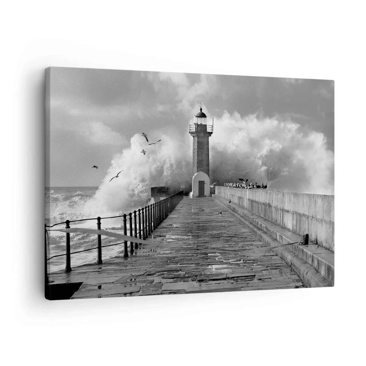 Bild auf Leinwand - Leinwandbild - Ein Leuchtturm, umgeben von Wellen während eines Sturms - 70x50cm - Furchtlos - Moderne Wanddekoration für Wohnzimmer und Schlafzimmer ARTTOR