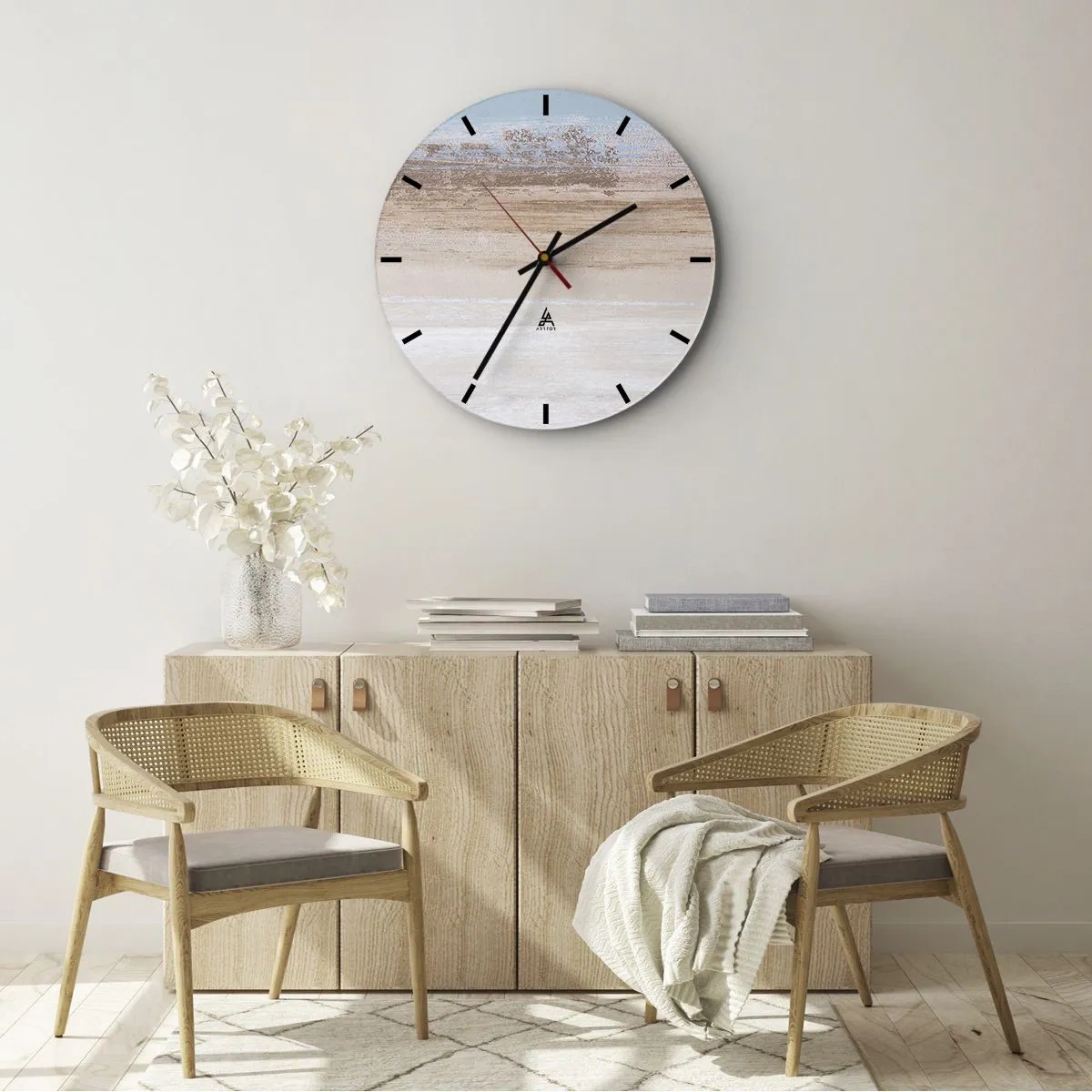 Wanduhr - Glasuhr - Pastellfarbene Landschaft mit horizontalen Streifen in Blau und Beige. - 30x30cm - Mehrdeutige Landschaft - Moderne Wanddekoration für Wohnzimmer, Küche und Schlafzimmer ARTTOR