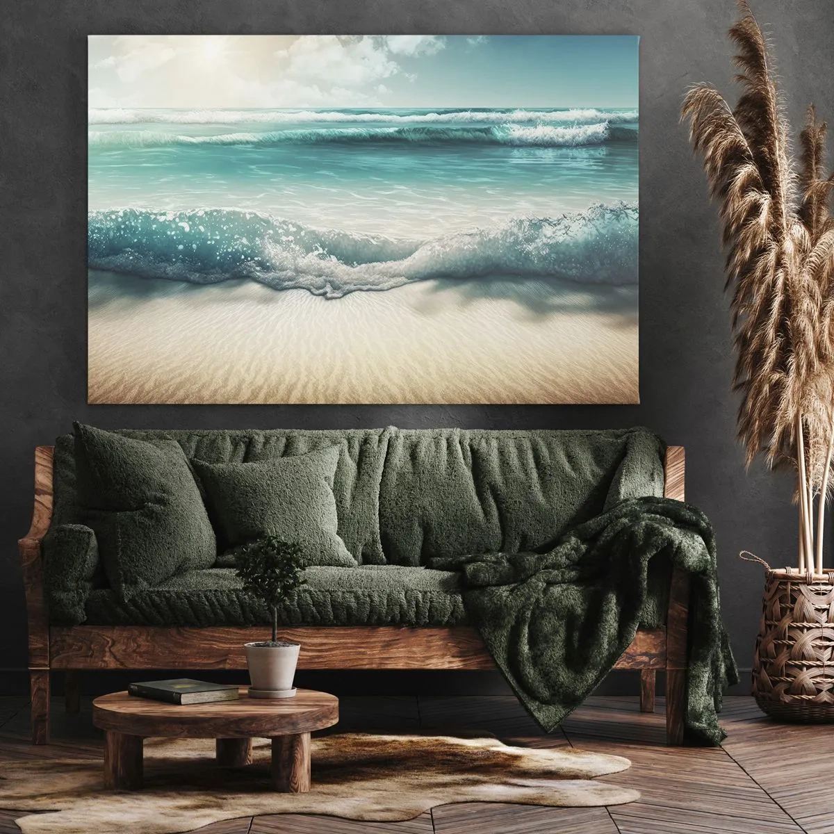 Bild auf Leinwand - Leinwandbild - Meereswellen an einem hellen Sandstrand - 100x70cm - Frieden des Ozeans - Moderne Wanddekoration für Wohnzimmer und Schlafzimmer ARTTOR