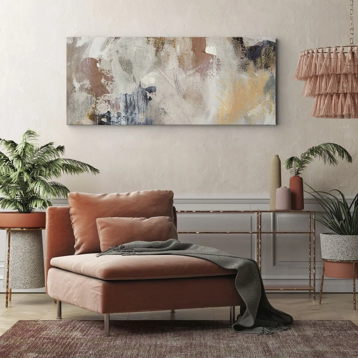 Bild auf Leinwand - Leinwandbild - Abstrakte Punkte in gedeckten Beige- und Goldtönen - 120x50cm - Neblige Abstraktion - Moderne Wanddekoration für Wohnzimmer und Schlafzimmer ARTTOR