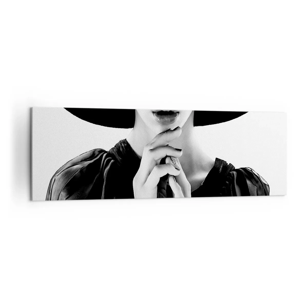 Bild auf Leinwand - Leinwandbild - Stilvolle Frau mit großem Hut in Schwarz-Weiß-Tönen - 160x50cm - Versteckte Schönheit - Moderne Wanddekoration für Wohnzimmer und Schlafzimmer ARTTOR