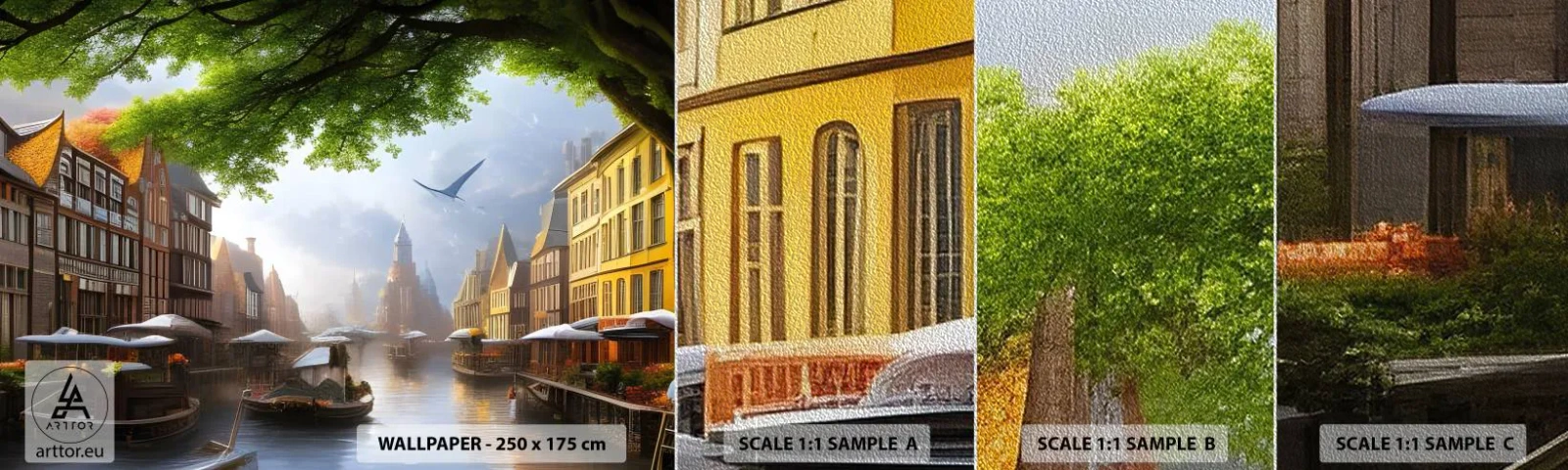 Fototapeten Muster Premium Sand - Niederländisches Stadtbild - Alte Stadt, Boote, Kanal - 100x30 cm