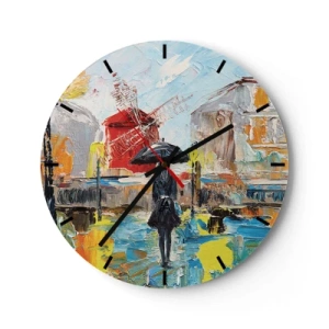 Wanduhr - Glasuhr - Bunte Stadtszene mit einer Frau und einer Windmühle - 30x30cm - Pariser Legenden - Moderne Wanddekoration für Wohnzimmer, Küche und Schlafzimmer ARTTOR