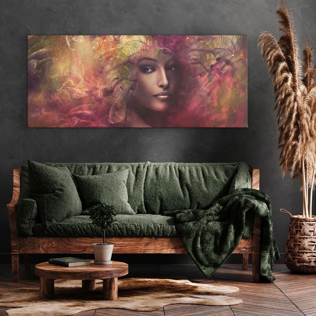 Bild auf Leinwand - Leinwandbild - Eine Frau in abstrakten Farben, die einen dynamischen Hintergrund schafft - 120x50cm - Ich bin hier! - Moderne Wanddekoration für Wohnzimmer und Schlafzimmer ARTTOR