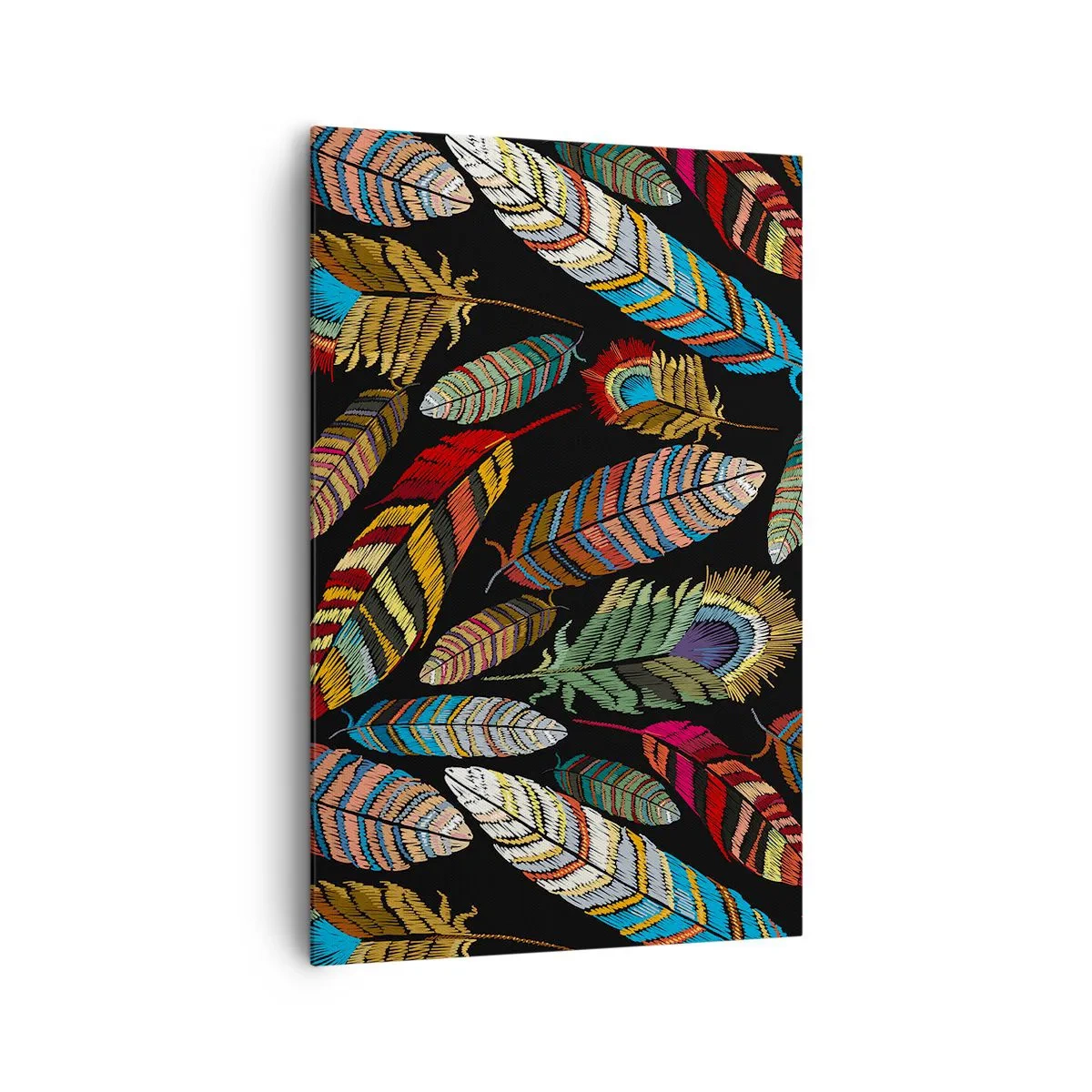Bild auf Leinwand - Leinwandbild - Bunte Federn auf schwarzem Hintergrund - 80x120cm - Der Vogelkarneval - Moderne Wanddekoration für Wohnzimmer und Schlafzimmer ARTTOR