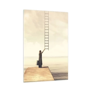 Glasbild - Bild auf glas - Eine Frau steht auf einem Pier mit einer Leiter, die in den Himmel führt - 80x120cm - Eine magische Reise - Moderne Wanddekoration für Wohnzimmer und Schlafzimmer ARTTOR