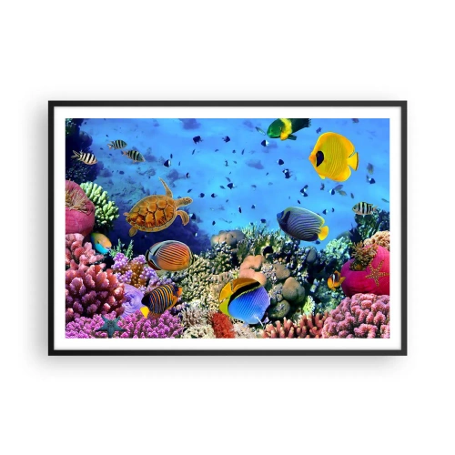 Poster in einem schwarzem Rahmen - Korallenriff mit bunten Fischen und einer Meeresschildkröte - 100x70cm - Und was wissen wir über das Leben ... - Moderne Wanddekoration für Wohnzimmer und Schlafzimmer ARTTOR
