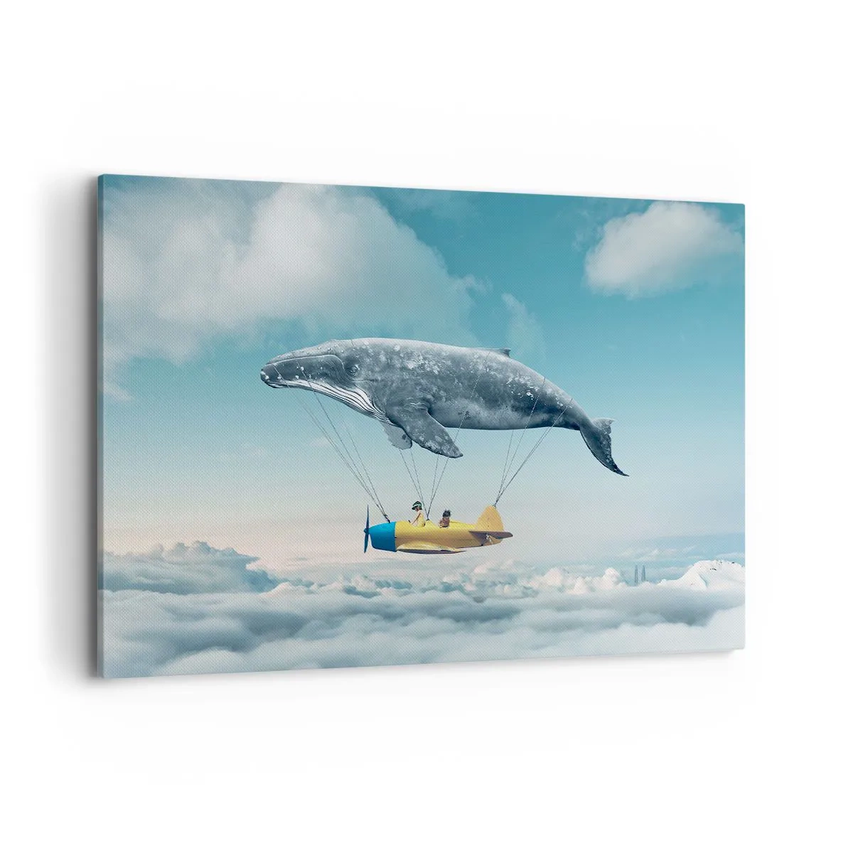 Bild auf Leinwand - Leinwandbild - Ein fliegender Wal trägt ein Flugzeug in einer surrealen Umgebung. - 120x80cm - Warum nicht? - Moderne Wanddekoration für Wohnzimmer und Schlafzimmer ARTTOR