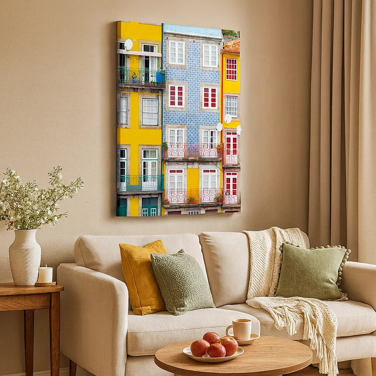 Bild auf Leinwand - Leinwandbild - Bunte Fassaden von Mietshäusern im Stadtbild - 50x70cm - Farben der Altstadt - Moderne Wanddekoration für Wohnzimmer und Schlafzimmer ARTTOR