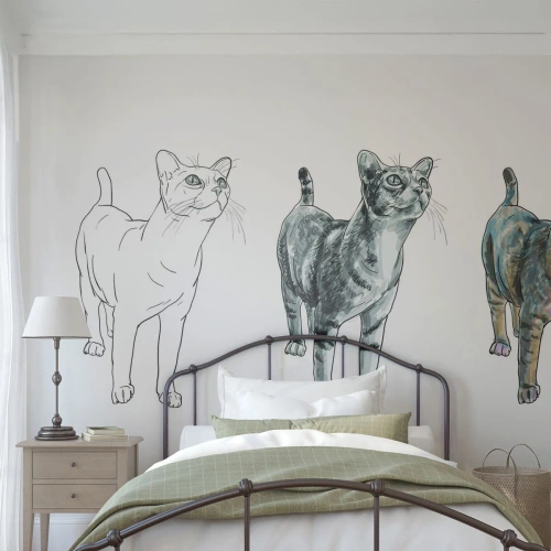 Fototapete Premium Sand - Drei Phasen des Katzenzeichnens – Skizze, Schattierung und Farbe - 100x70cm - Zeichenunterricht - Moderne Wanddekoration für Wohnzimmer und Schlafzimmer ARTTOR