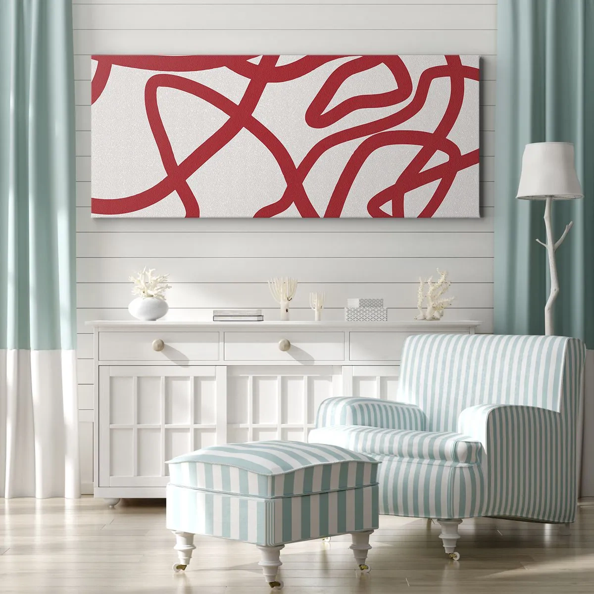 Bild auf Leinwand - Leinwandbild - Rote abstrakte Linien auf weißem Hintergrund - 160x50cm - Rot auf Weiß - Moderne Wanddekoration für Wohnzimmer und Schlafzimmer ARTTOR