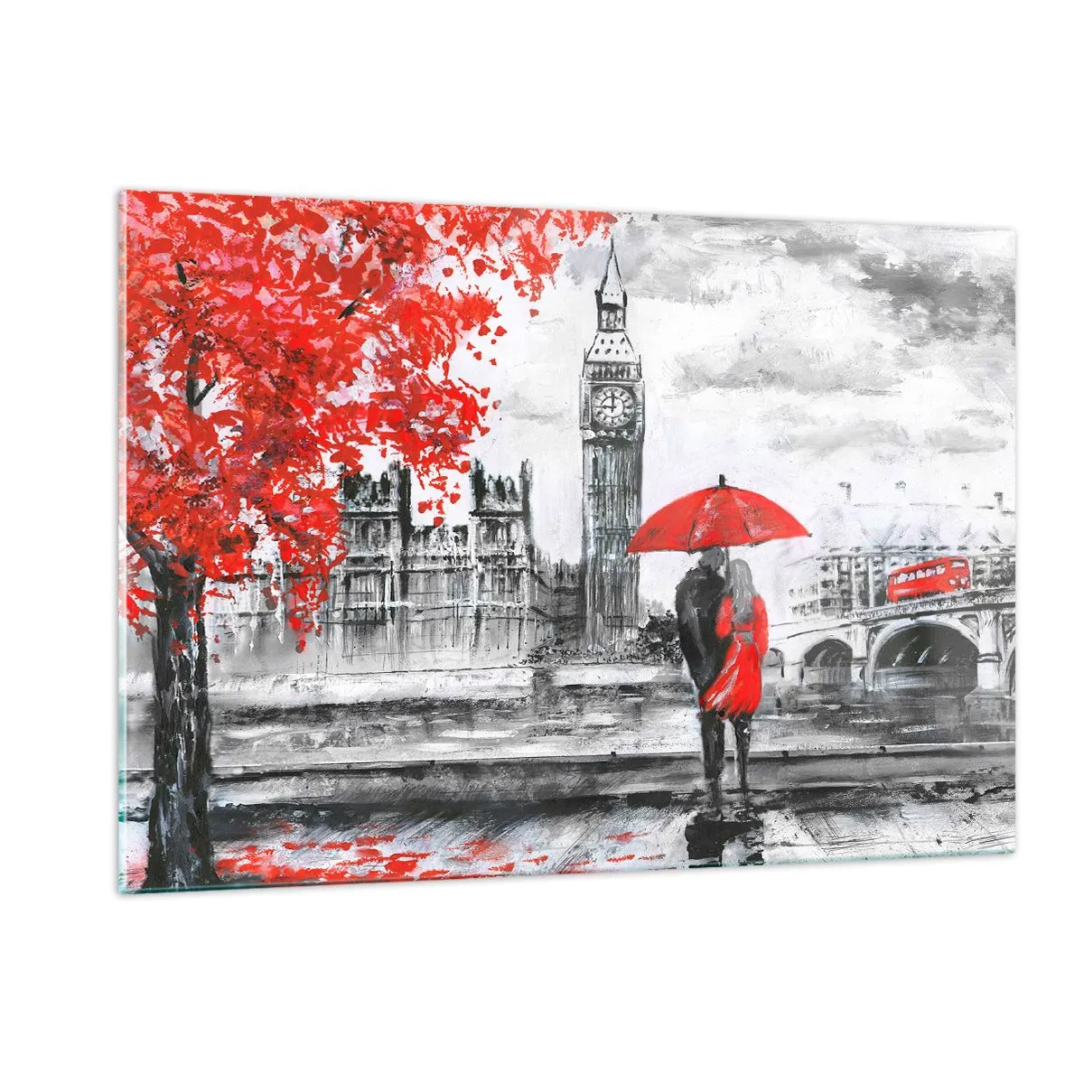 Glasbild - Bild auf glas - Ein Paar unter einem roten Regenschirm mit Big Ben und Herbstbäumen im Hintergrund. - 120x80cm - Verliebt in London - Moderne Wanddekoration für Wohnzimmer und Schlafzimmer ARTTOR