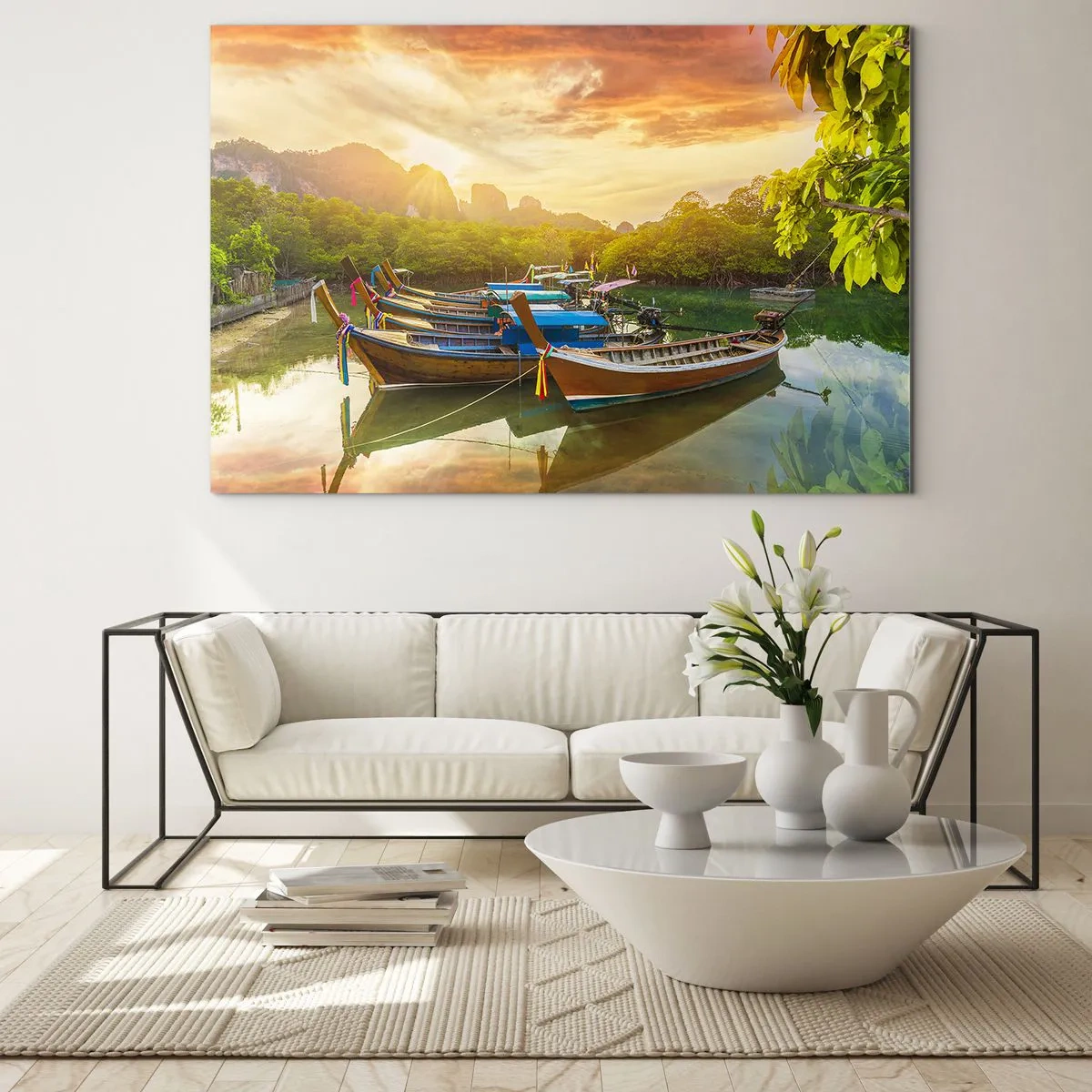 Glasbild - Bild auf glas - Traditionelle Boote in einer tropischen Landschaft bei Sonnenuntergang - 70x50cm - Vor einem anstrengenden Tag - Moderne Wanddekoration für Wohnzimmer und Schlafzimmer ARTTOR