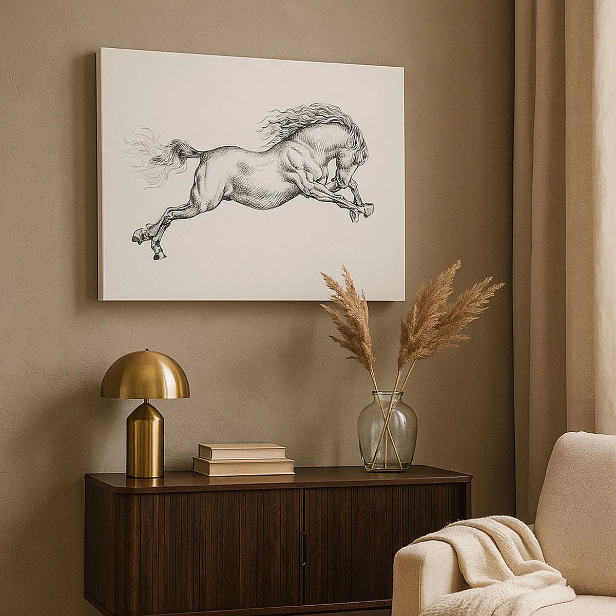 Bild auf Leinwand - Leinwandbild - Skizze eines Pferdes im dynamischen Galopp auf weißem Hintergrund - 70x50cm - Im Galopp festgehalten - Moderne Wanddekoration für Wohnzimmer und Schlafzimmer ARTTOR
