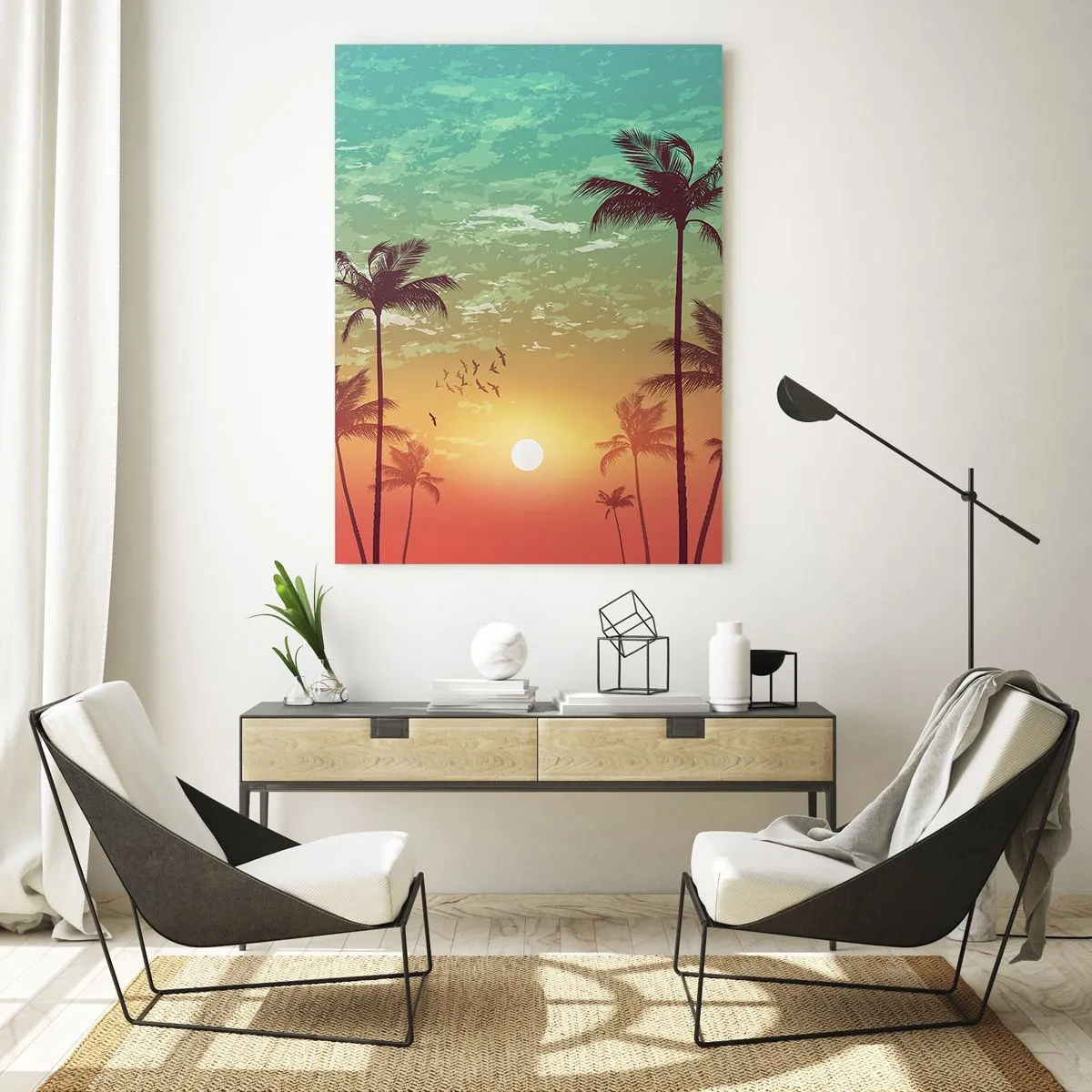 Glasbild - Bild auf glas - Sonnenuntergang mit Palmen vor einem bunten Himmel - 70x100cm - Tropische Stimmung - Moderne Wanddekoration für Wohnzimmer und Schlafzimmer ARTTOR