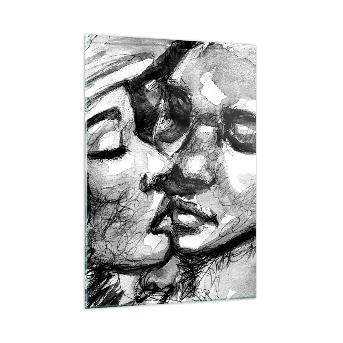 Glasbild - Bild auf glas - Schwarz-Weiß-Skizze eines zärtlichen Kusses - 50x70cm - Zärtlicher Moment - Moderne Wanddekoration für Wohnzimmer und Schlafzimmer ARTTOR